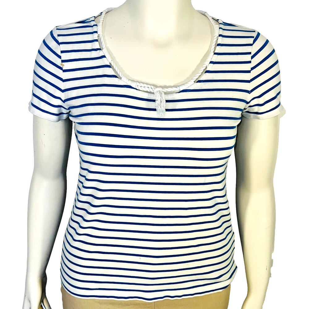 Lauren Ralph Lauren Blouse Womens L White Blue Stripe Rope Boat Neck Nautical